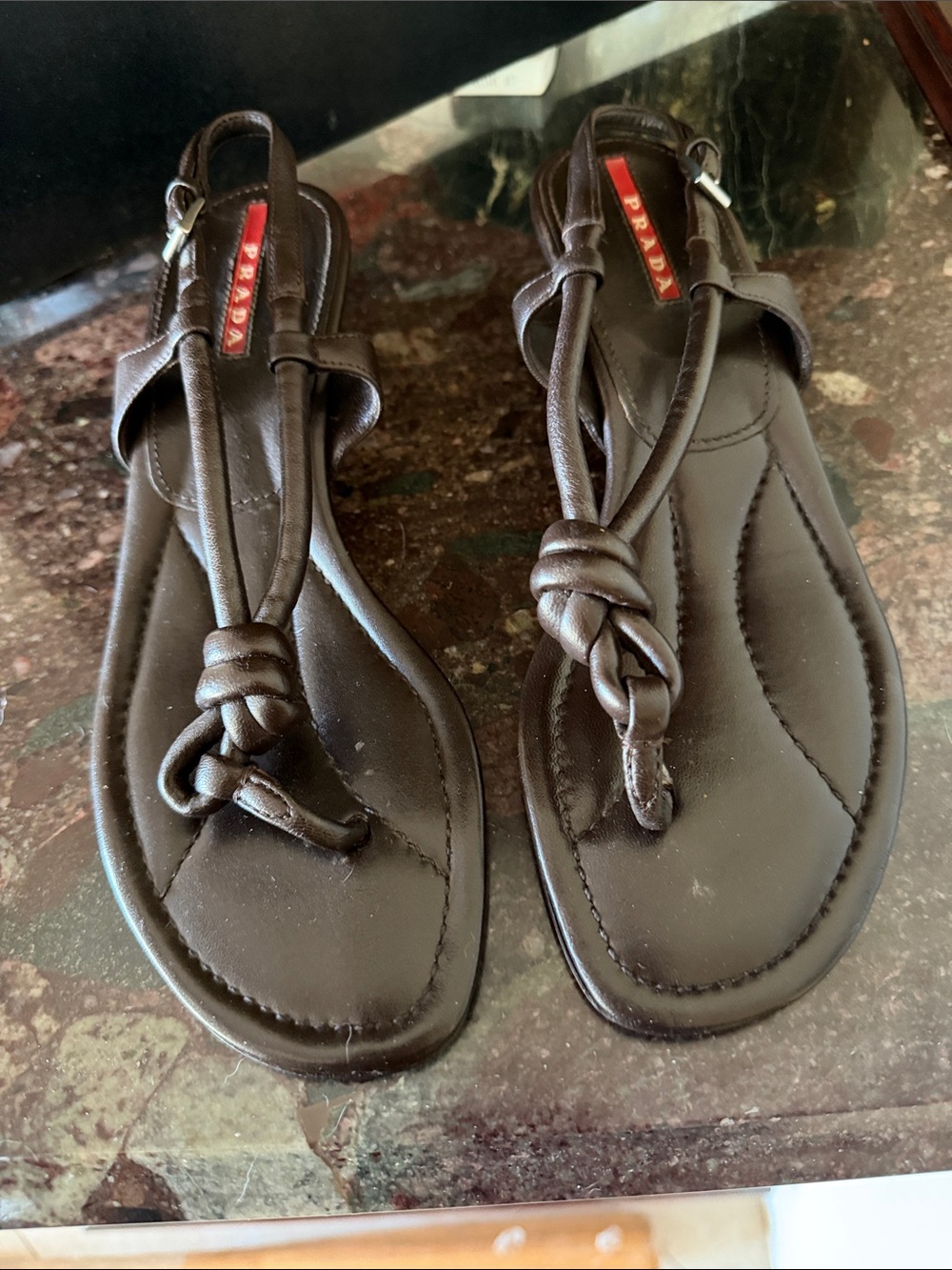 Prada Dark Brown Knotted Leather Slingback Wedge Sandals